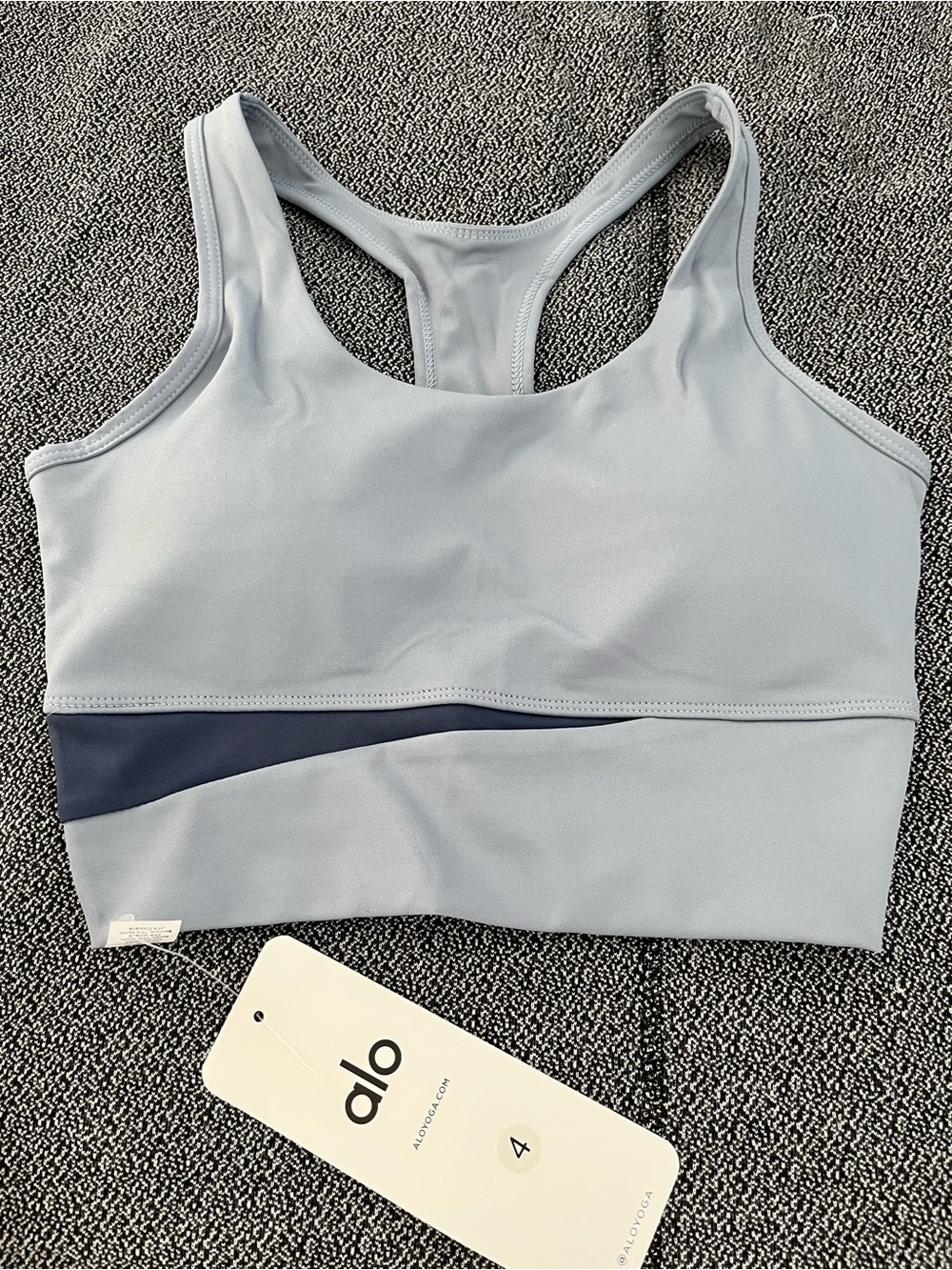 ALO Yoga Light Blue Racerback Sports Bra with Navy Contrast